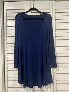 Long Sleeve Navy Swing Dress - Classic Scoop Neck Size S